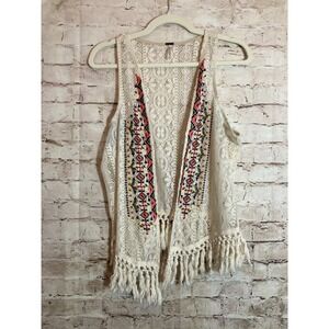 Poof Boho Top Womens Large Ivory Crochet Lace Festival Open Front Embroidered